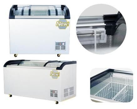 ประตูกระจกบานเลื่อนโค้ง Commercial Ice Cream Display Freezer ตู้แช่แข็งเกาะบนกระจก